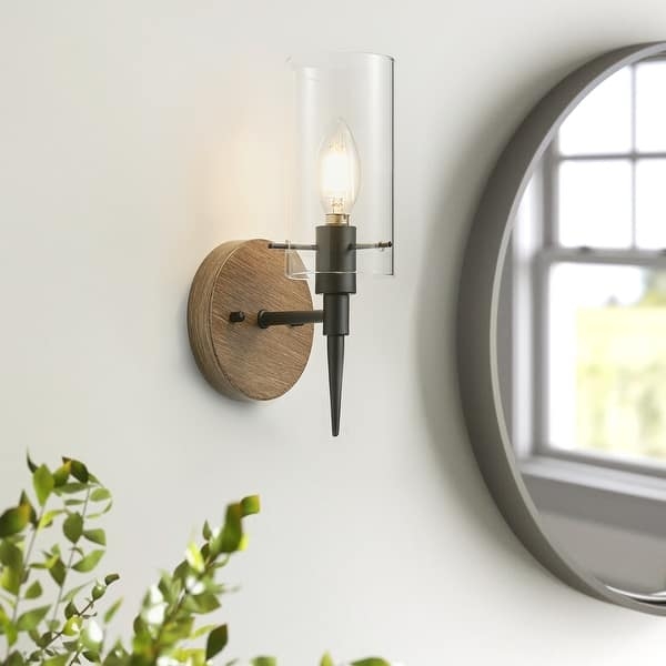 Modern Farmhouse Wall Sconce with Wood Toned Backplate and Glass