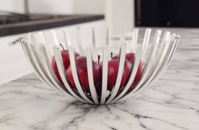 Modern Fruit Bowl Polished Chrome Curved Vertical Slats Open Wire