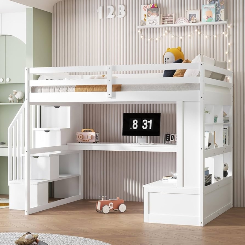 Modern Full Loft Bed White Storage Stairs Desk Shelving