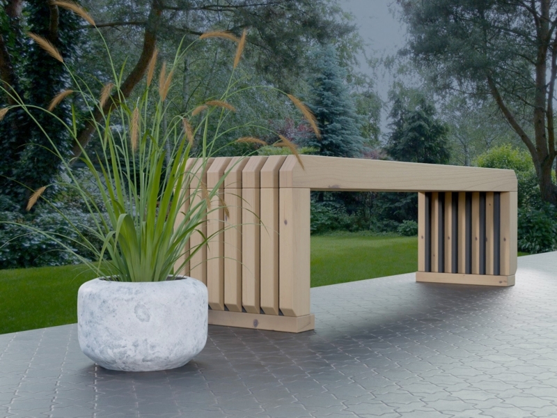 Modern Garden Bench featuring Vertical Slat Legs and Waterfall Edge