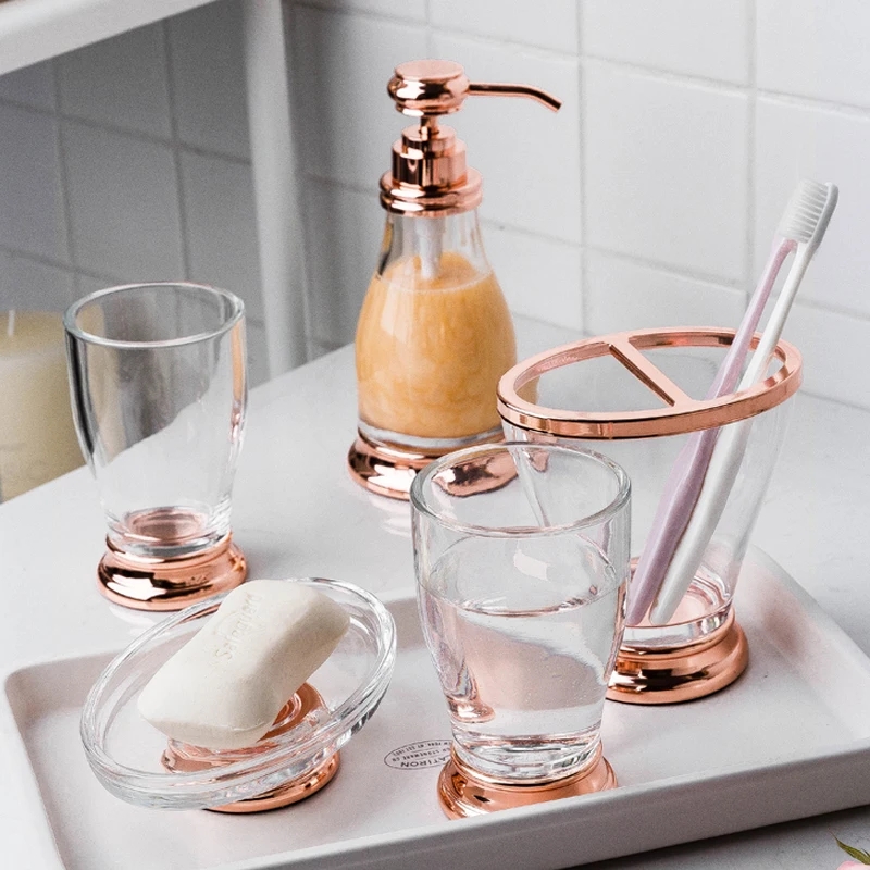 Modern Glam Bath Set Clear Glass Rose Gold Accents Pedestal Base