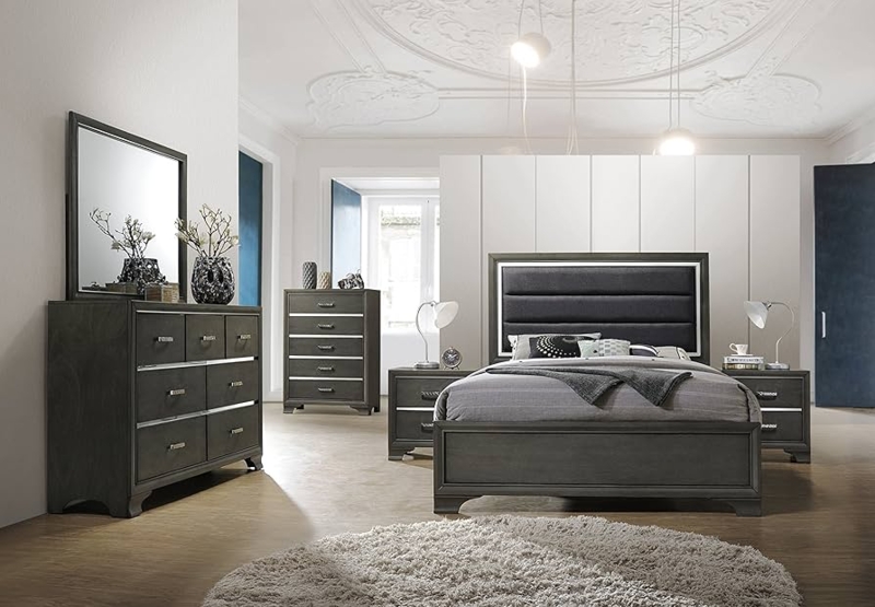 Modern Glam Gray Set: Channeled Headboard & Silver Accent Strips