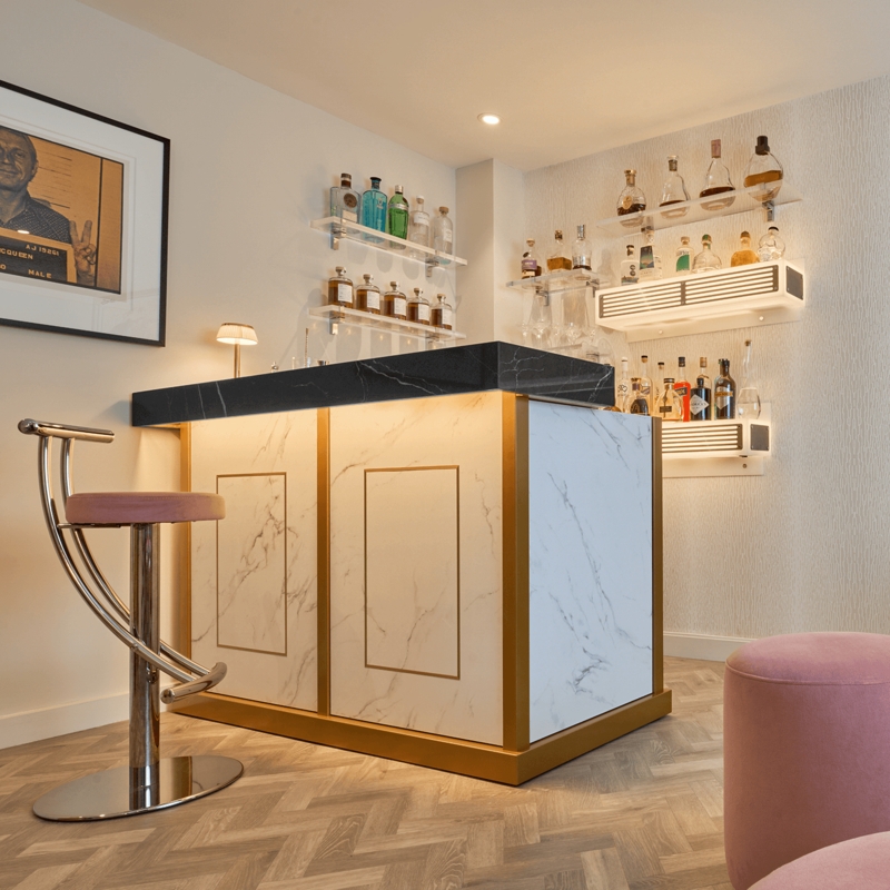 Modern Glam Home Bar Gold Inlay Framing Marble Effect