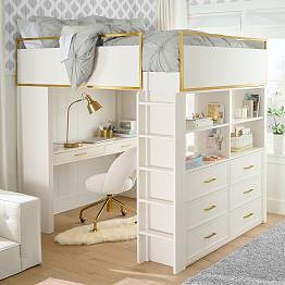 Modern Glam Loft Bed White Gold Hardware Desk Dresser