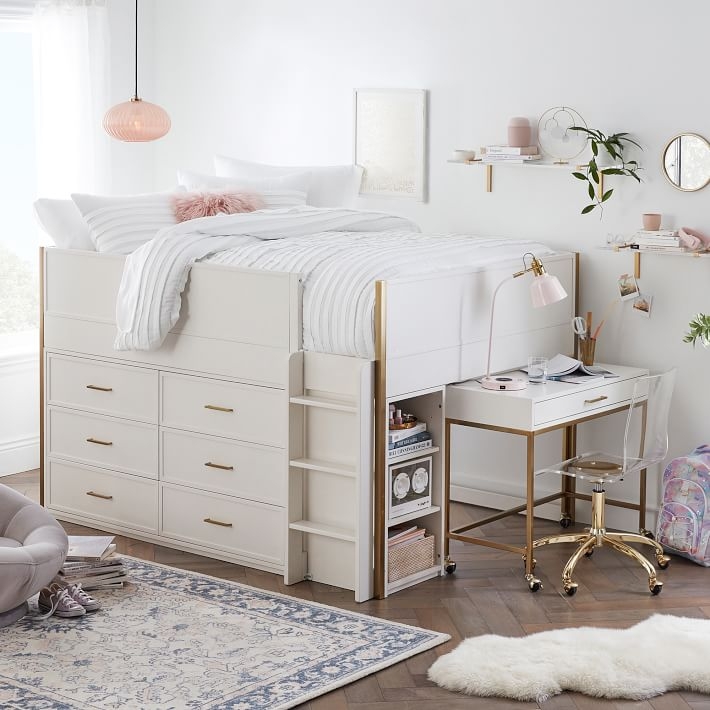Modern Glam Low Loft Bed in White Lacquer with Built-In Dresser