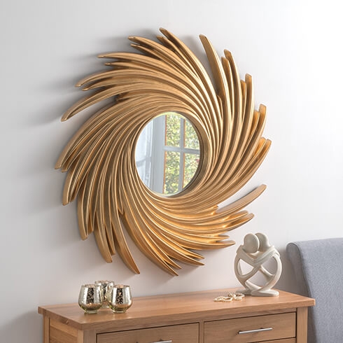 Modern Glam Sunburst Mirror: Metallic Gold with Swirling Frame Design