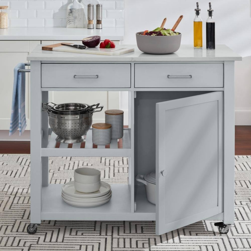 Modern Gray Kitchen Cart with Marble Top and Double Drawer Storage