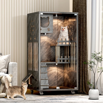Modern Indoor Cat Villa Wood Toned with Glass Doors and Lighting