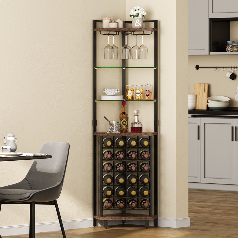 Modern Industrial Corner Wine Rack with Clear Glass Shelves