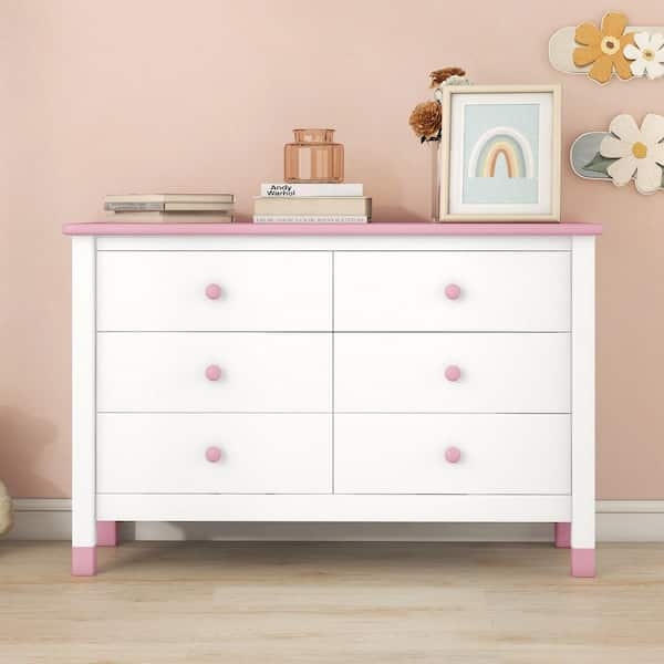 Modern Kids Dresser Pink Contrast Top Round Knobs Tapered Legs