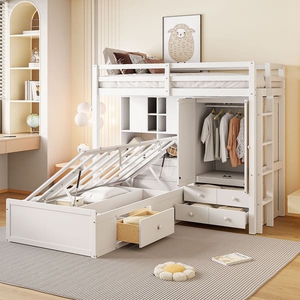 Modern L-Shaped Bunk Bed featuring Hydraulic Lift Storage in White