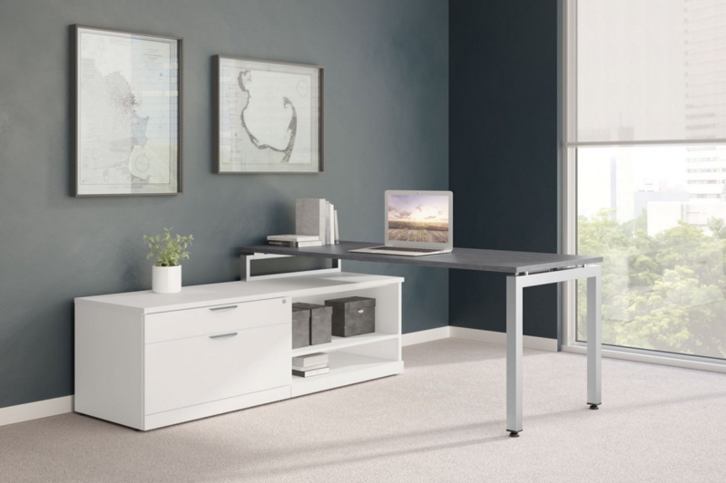 Modern L-Shaped Desk: Asymmetrical Base with Two-Tone Finish and Drawers