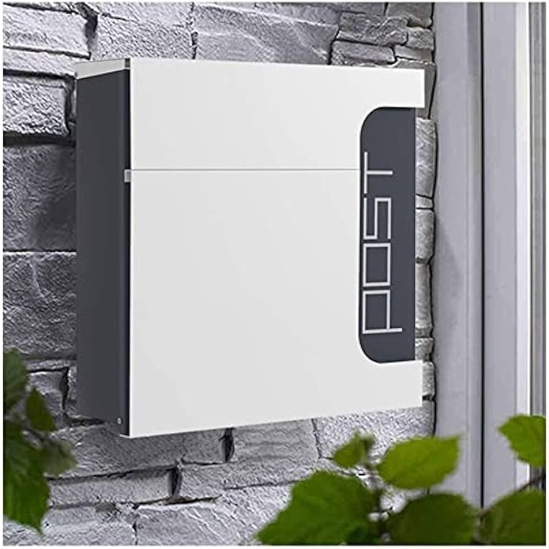 Modern Locking Wall Mailbox Two Tone White Charcoal Geometric Shape
