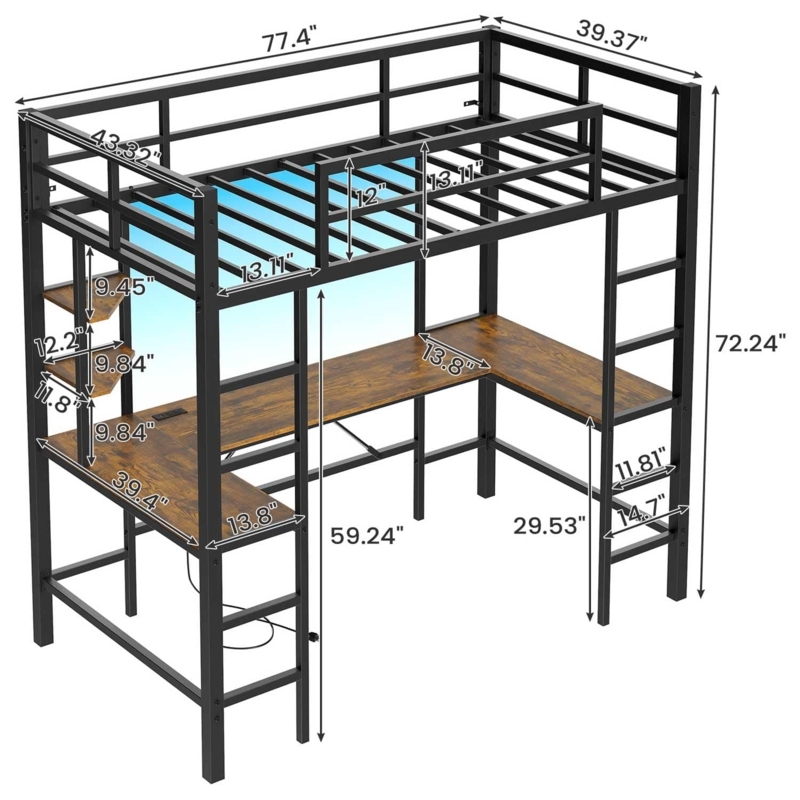 Modern Loft Bed U-Shaped Desk Power Outlet Metal Frame Industrial