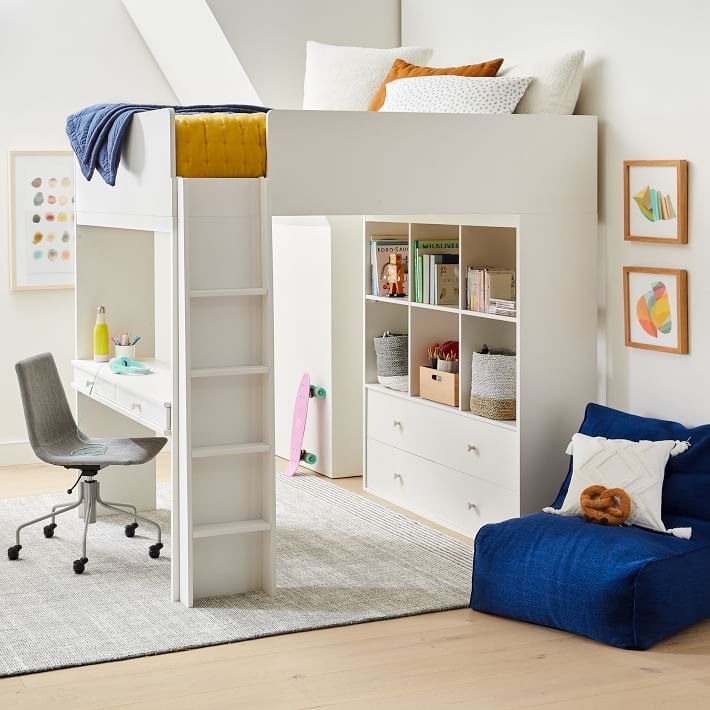 Modern Loft Bed White Desk Storage Cubbies Drawers