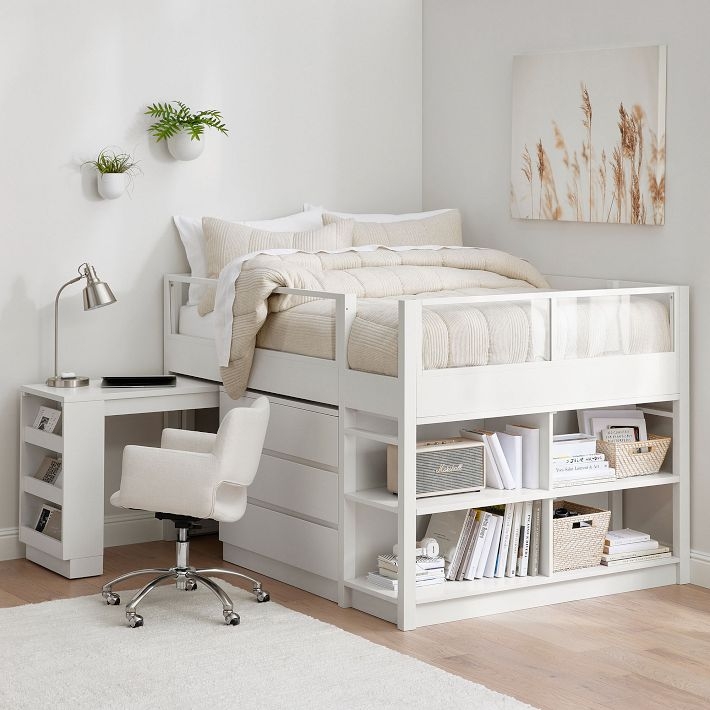 Modern Loft Bed with Clear Guardrail, Integrated Desk and Storage