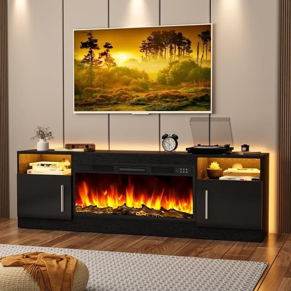Modern Matte Black Fireplace TV Stand with LED Shelf Lighting
