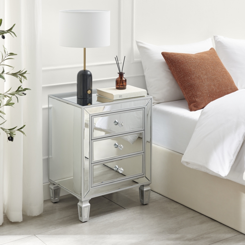 Modern Mirrored Chest: 3 Drawers, Inset Panels & Tapered Legs