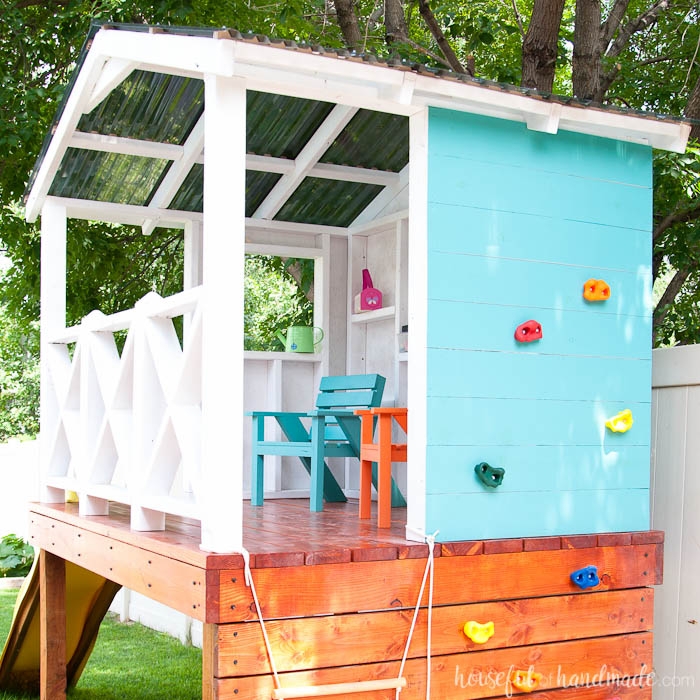 Modern Outdoor Playhouse with Teal Climbing Wall & X-Railing