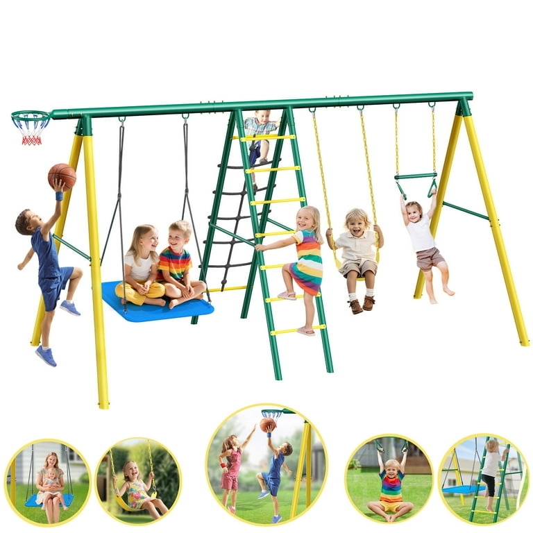 Modern Outdoor Playset: Sun Yellow Frame, Climbing Net