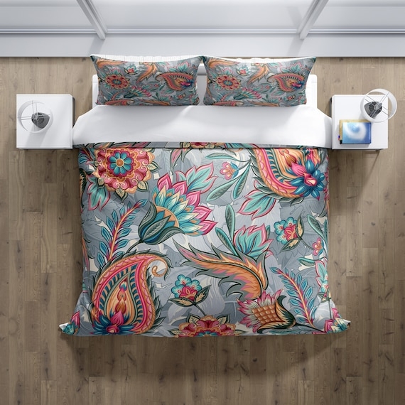 Modern Paisley Bedding Set: Multi Color Botanical Print on Gray Base