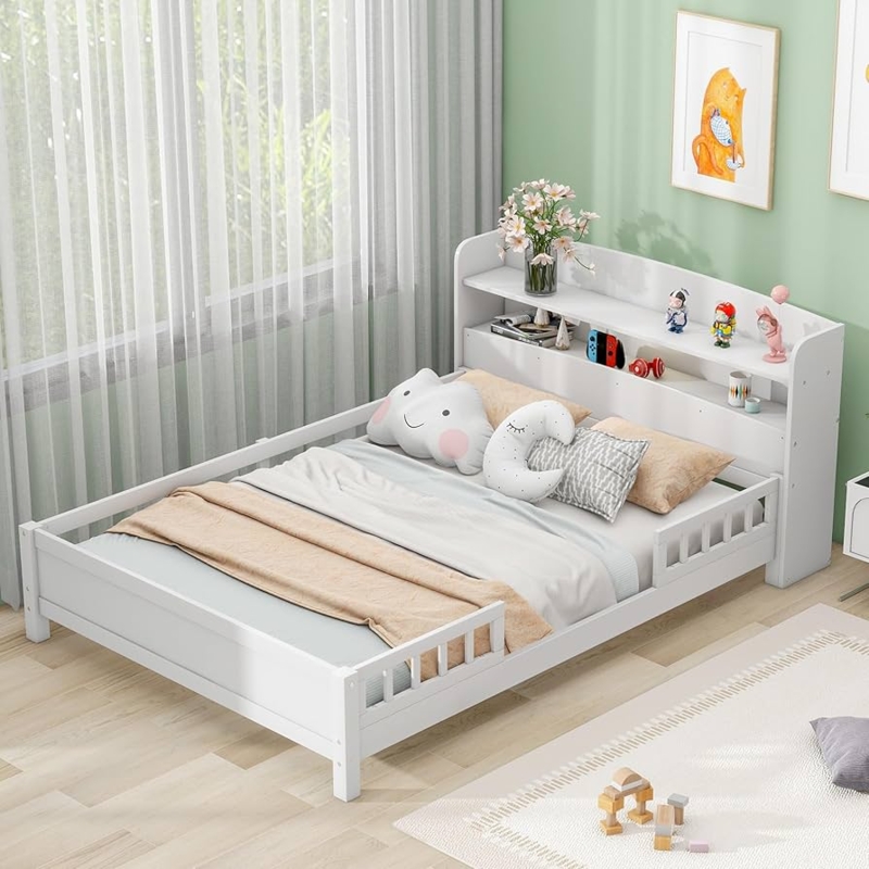 Modern Platform Bed with Storage Headboard and Safety Rails