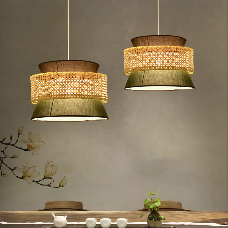 Modern Rattan Japanese Drum Shape 1-Light Pendant Light  BulbSquare