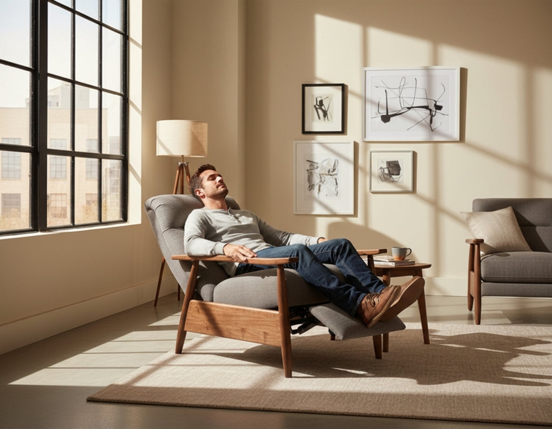Modern Recliner Chair Smoke Grey Slim Walnut Frame