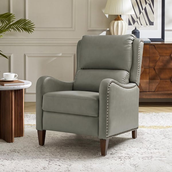 Modern Retro Dove Gray Leather Recliner with Nailhead Trim