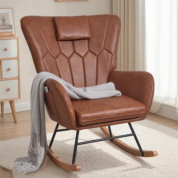 Modern Rocking Chair Cognac Leather Wingback Geometric Stitching