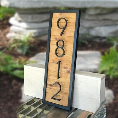 Modern Rustic Address Plaque: Vertical Wood Backing with Matte Black Frame
