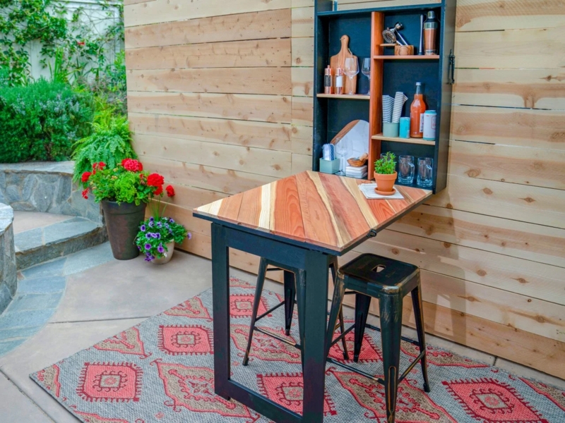 Modern Rustic Outdoor Bar Chevron Pattern Fold Down Wall Mounted Patio Bar