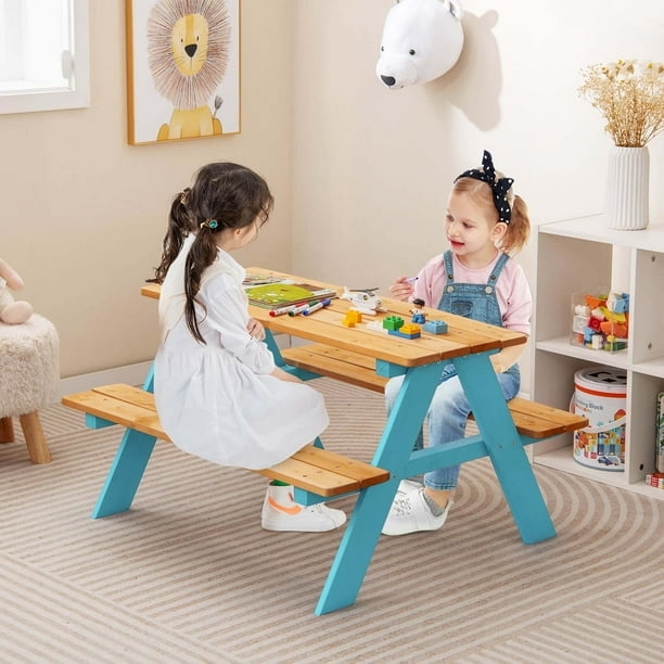 Modern Scandinavian Kids Picnic Table with Teal Blue Frame and Slat Top
