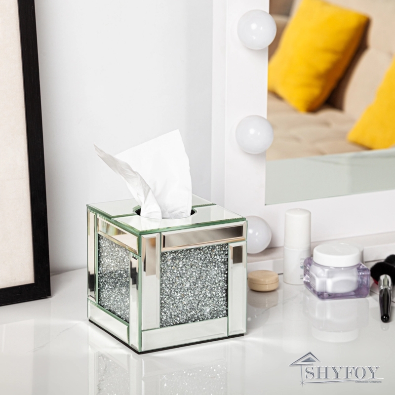 Modern Silver Square Tissue Holder with Clear Crushed Glass Panels