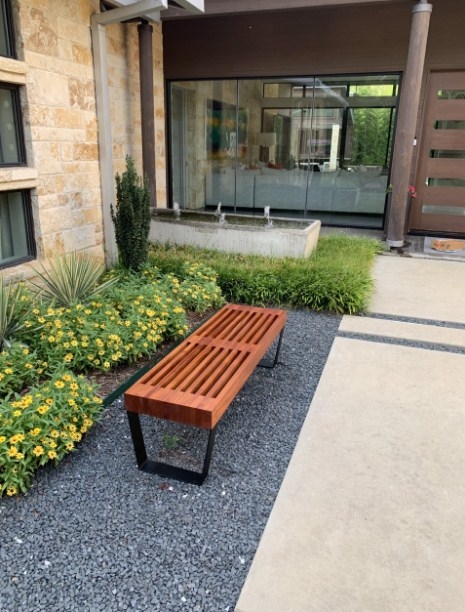 Modern Slatted Outdoor Bench with Matte Black Metal Legs