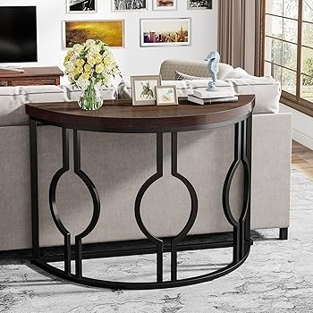 Modern Sofa Table with Three Circle Motif in Matte Black Metal Base