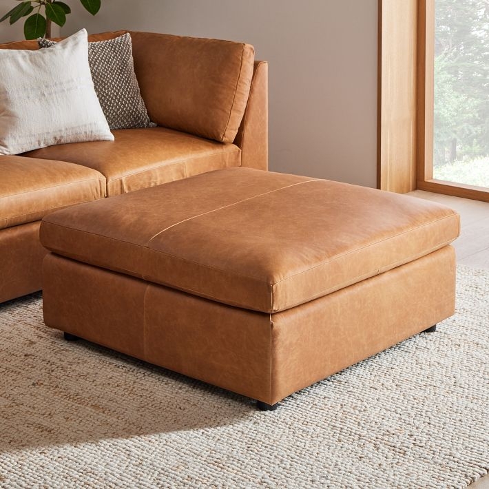 Modern Square Ottoman Warm Tan Nubuck Leather Two Tier
