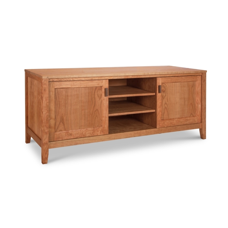 Modern TV Stand Amber Wood Recessed Panels Open Shelving