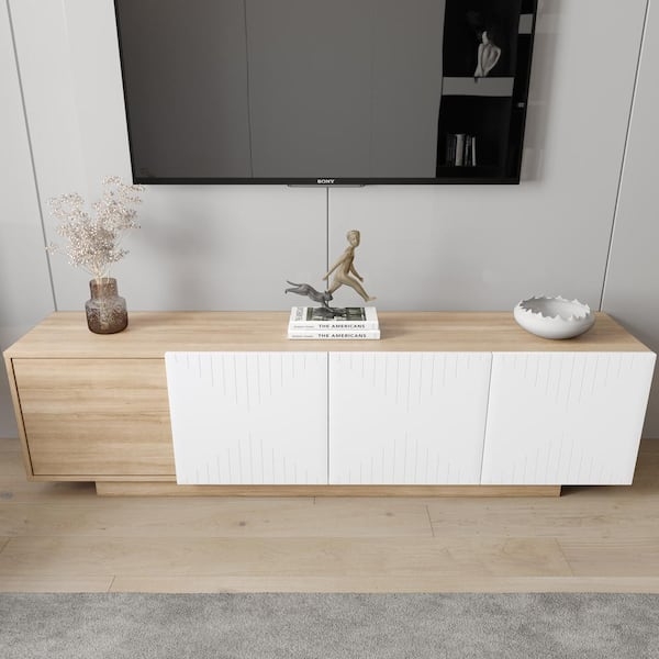 Modern TV Stand Asymmetric Maple White Geometric Slatted Fronts