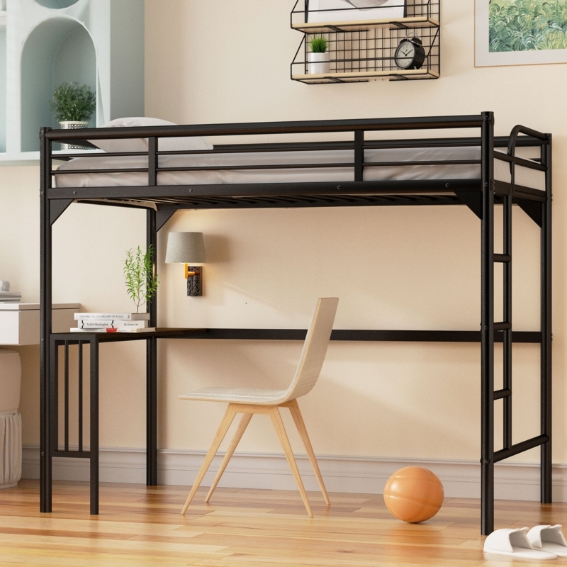 Modern Twin Loft Bed Integrated Desk Side Ladder Black Metal