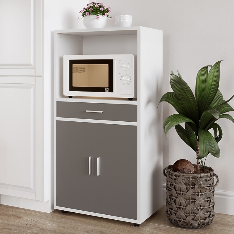 Modern Two-Tone Microwave Cart in White and Gray Finish