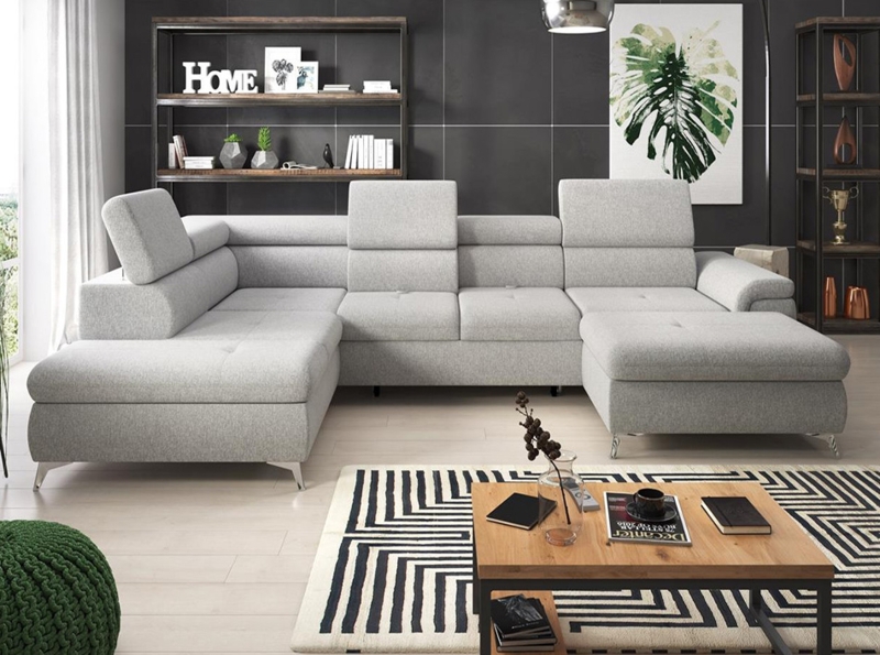 Modern U-Shaped Sleeper Sofa with Adjustable Headrests, Chrome Legs
