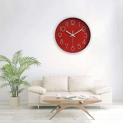 Modern Wall Clock featuring Bold Red Face and Minimalist White Numerals