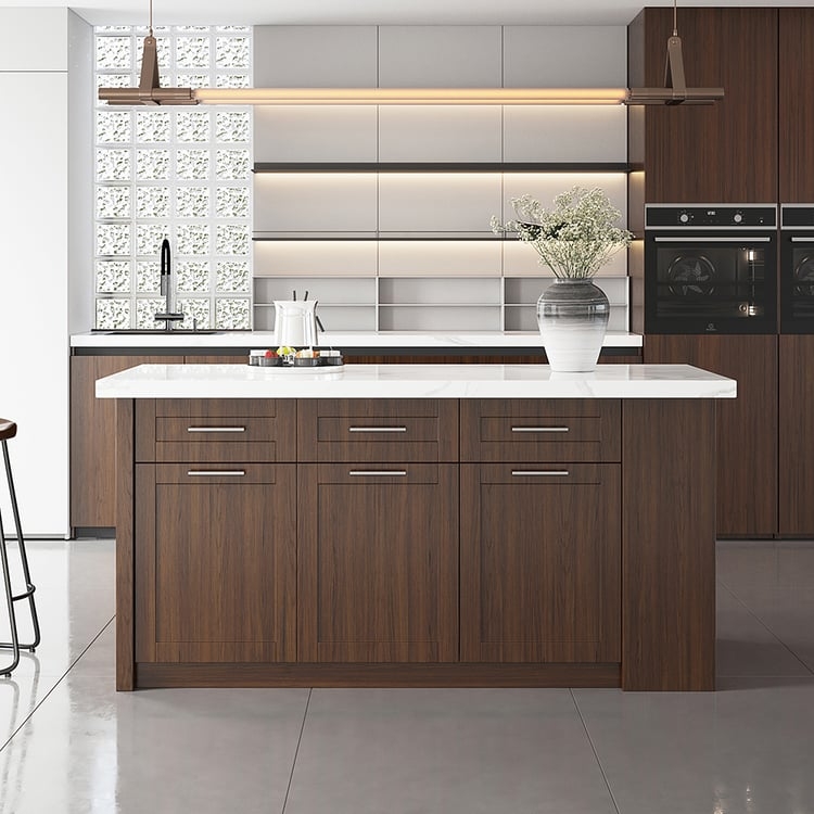 Modern Walnut Kitchen Island Marble Top Horizontal Handles