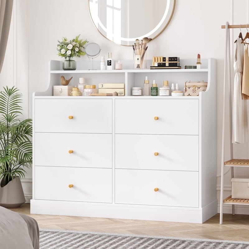 Modern White Dresser with Hutch and Gold Toned Knobs