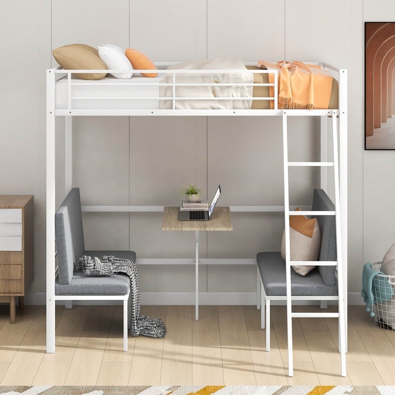 Modern White Loft Bed Facing Benches Center Desk Frame
