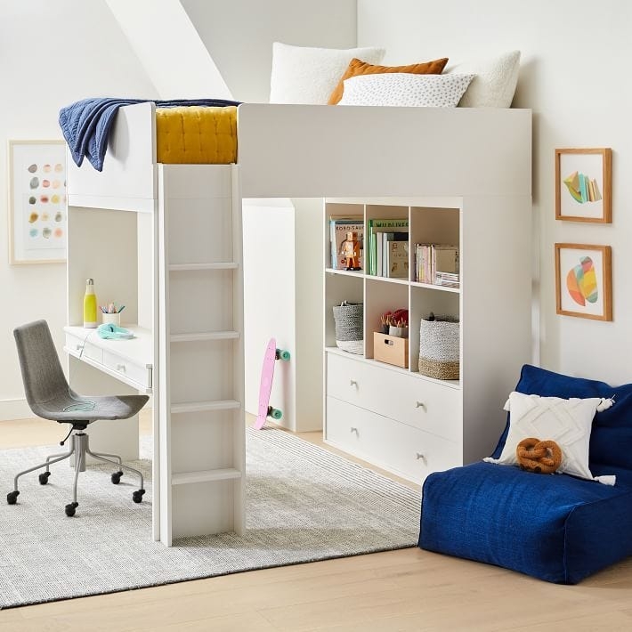 Modern White Loft Bed with Shelving Cubbies and Integrated Desk