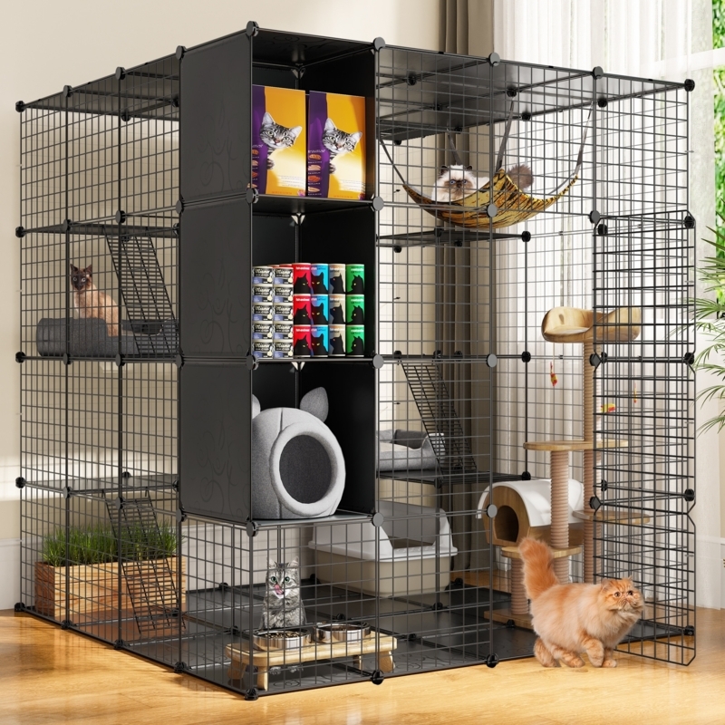 Modular Cat Playpen Black Wire with Integrated Storage Cubes