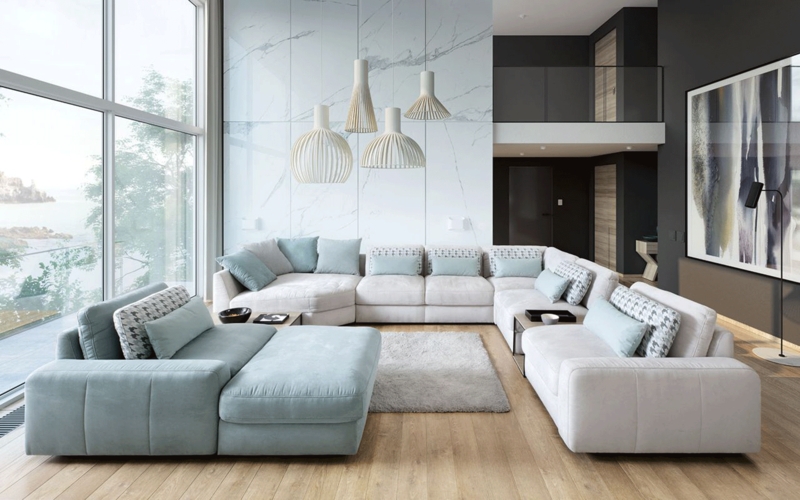 Modular Corner Sectional Sofa with Integrated Wooden Side Tables in Sage Green