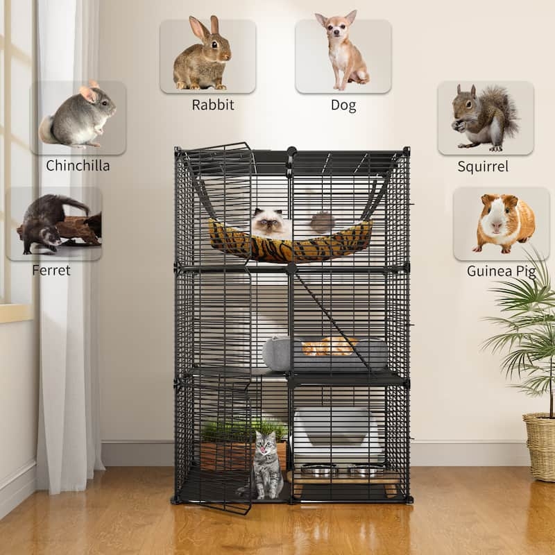 Modular Indoor Pet Cage Black Wire with Wood Toned Base